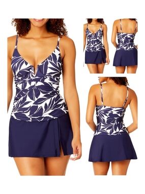 Anne Cole Navy & White Leaf-Print Tankini Swimdress - Women Swim Two Pieces